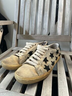 Yves Saint Laurent Beige Suede Sneakers with Black Star Appliqué